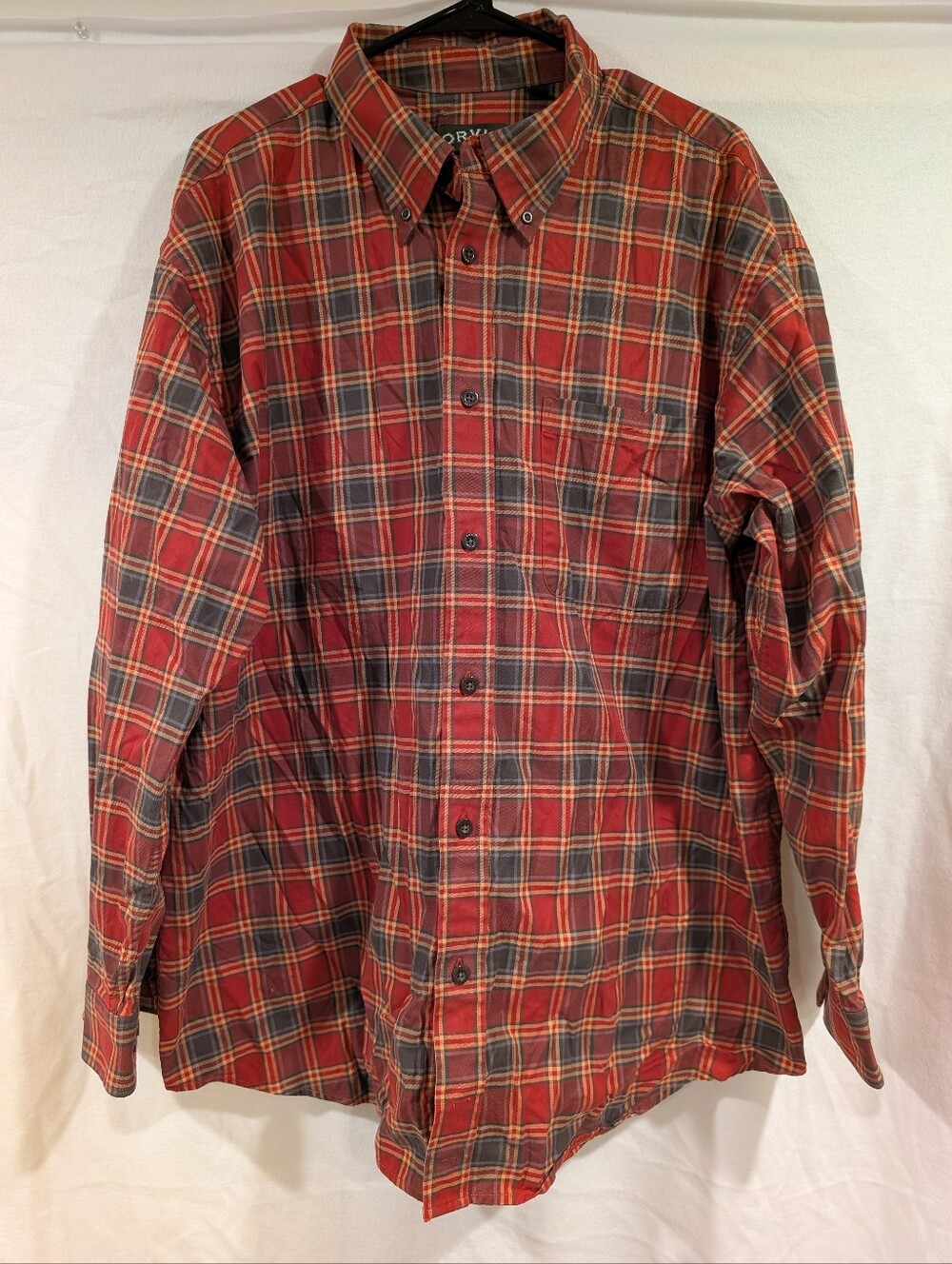 Orvis Men's Red Plaid Button-Down Shirt Signature Twill 100% Cotton